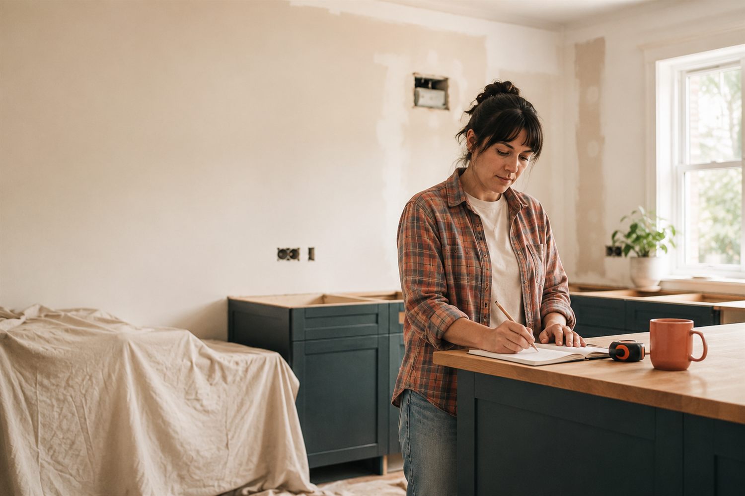 Jotting a contractor's details right after a call, mid-renovation